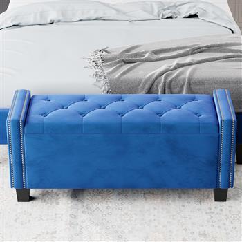 卧室用软垫天鹅绒储物凳，带铆钉设计的床尾凳，簇绒脚凳，蓝色
