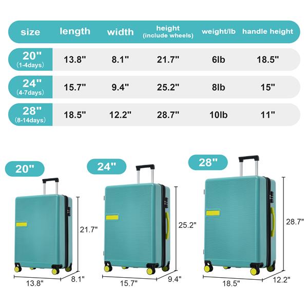 对比色 3 件套行李箱套装 硬壳拉杆箱 带 TSA 锁 20 英寸 24 英尺 28 英寸 有货-1