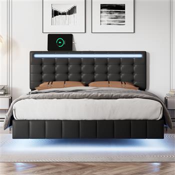 全尺寸浮动床架，带 LED 灯和 USB 充电，现代软垫平台 LED 床架，黑色（全尺寸）