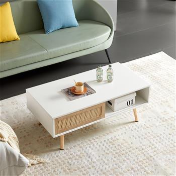 41.34 英寸藤制咖啡桌，滑动门用于存储，实木腿，现代客厅桌子，白色