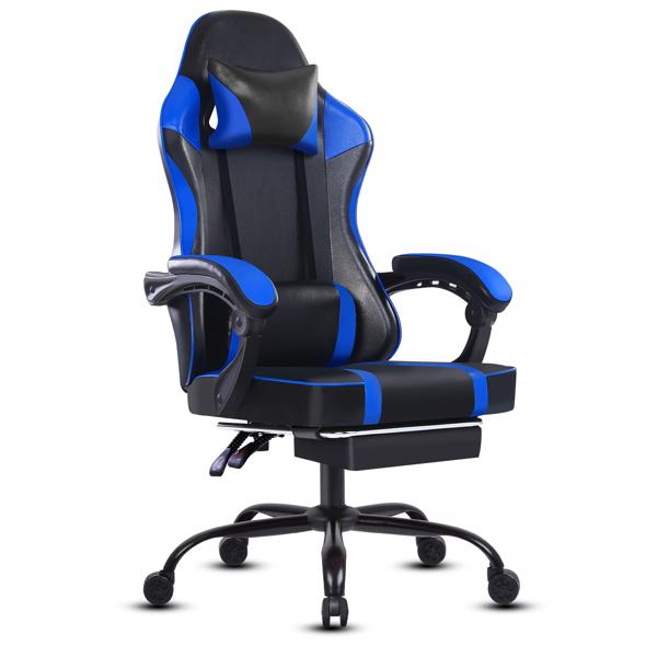 成人电子游戏椅，带脚凳的PU皮革游戏椅，360°旋转可调节腰枕游戏椅，适合重型人群的舒适电脑椅，蓝色-1