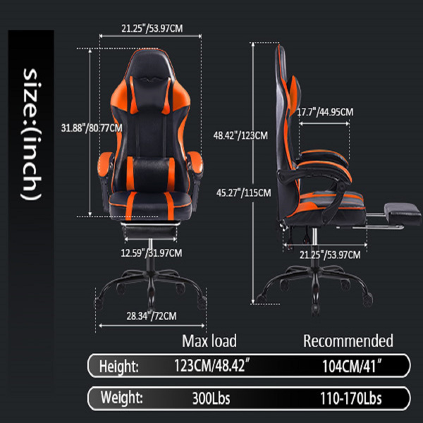 成人电子游戏椅，带脚凳的PU皮革游戏椅，360°旋转可调节腰枕游戏椅，适合重型人群的舒适电脑椅，橙色-16