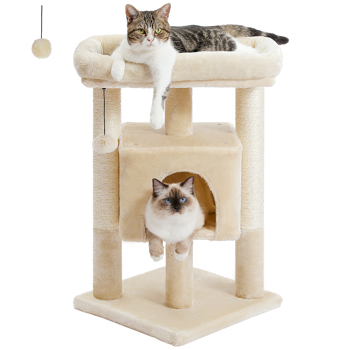 灰色小型猫台带有温暖舒适的猫窝，宽敞的顶部躺窝，剑麻猫抓柱和毛绒吊球，适合小型猫锻炼，休息