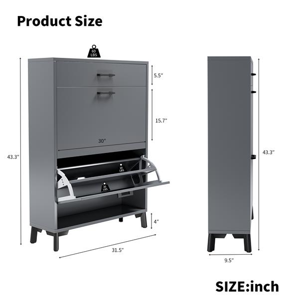 入口鞋柜，独立式鞋柜，带 2 个翻盖抽屉，隐藏式鞋架，适用于门口走廊壁橱，灰色-6