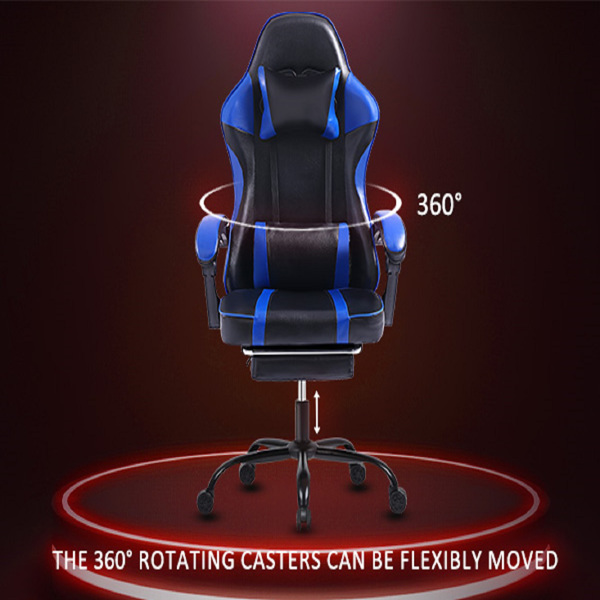 成人电子游戏椅，带脚凳的PU皮革游戏椅，360°旋转可调节腰枕游戏椅，适合重型人群的舒适电脑椅，蓝色-12