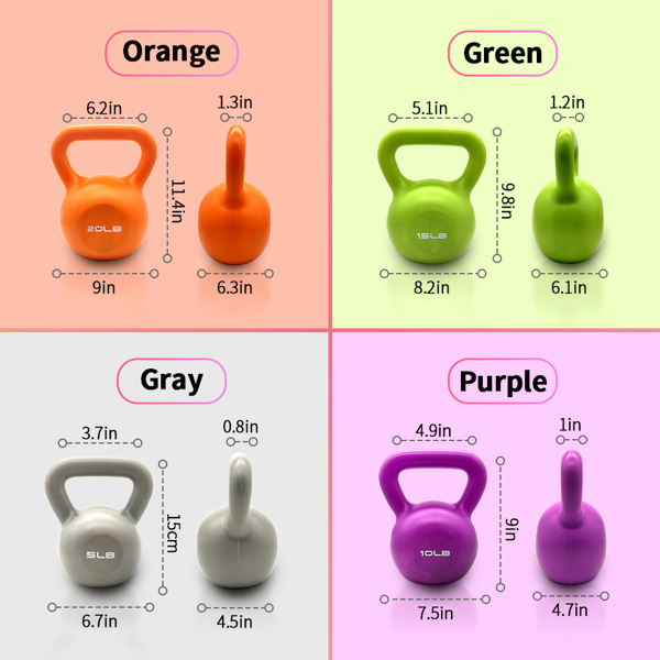 壶铃，力量训练壶铃重量组，乙烯基涂层壶铃为家庭健身房锻炼举重设备，舒适的抓地力宽处理重量10磅-5
