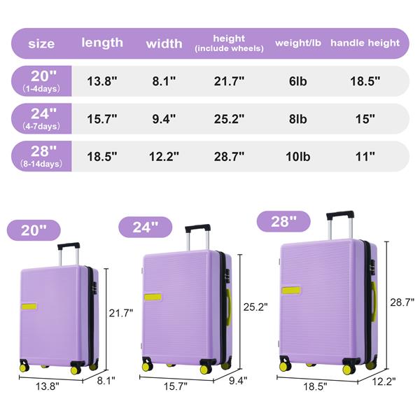 对比色 3 件套行李箱套装 硬壳拉杆箱 带 TSA 锁 20 英寸 24 英尺 28 英寸 有货-1