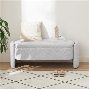 椭圆形储物长凳 3D 羊毛绒面料长凳，带大储物空间，适用于客厅、入口和卧室，灰色