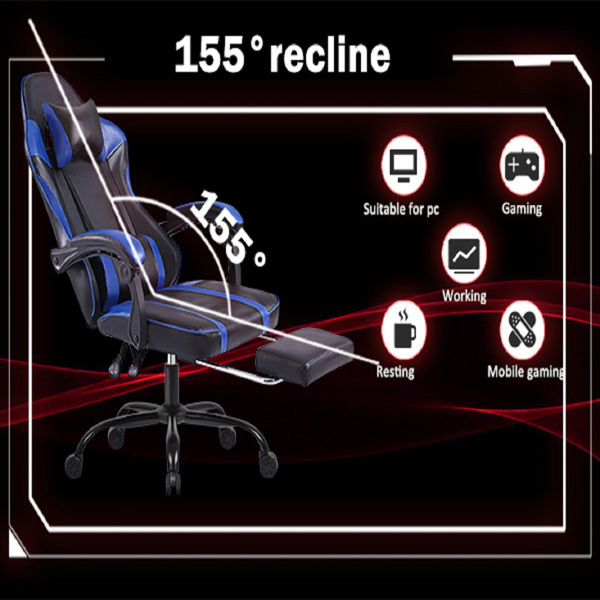 成人电子游戏椅，带脚凳的PU皮革游戏椅，360°旋转可调节腰枕游戏椅，适合重型人群的舒适电脑椅，蓝色-10