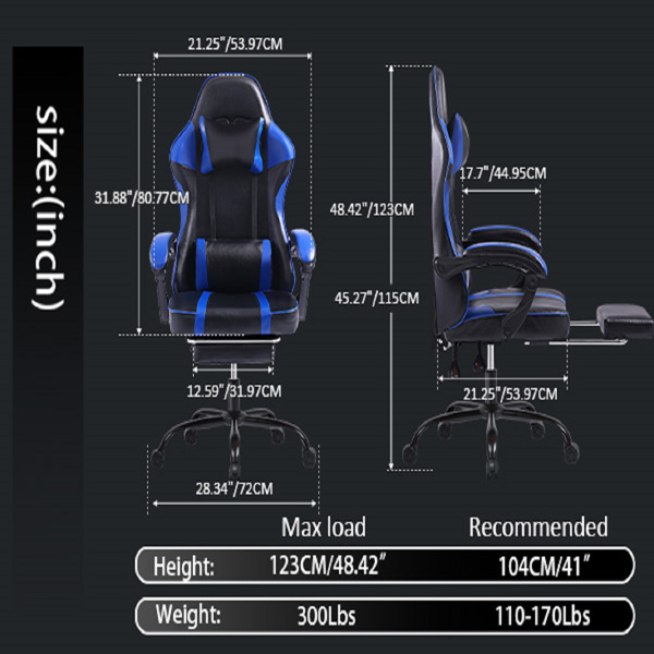 成人电子游戏椅，带脚凳的PU皮革游戏椅，360°旋转可调节腰枕游戏椅，适合重型人群的舒适电脑椅，蓝色-15
