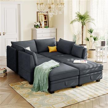 现代大型 U 型组合沙发，可转换沙发床，带可翻转躺椅，适用于客厅，带储物座椅