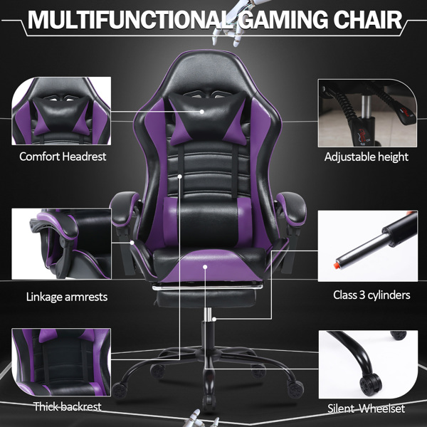 带脚踏的电脑游戏椅，符合人体工学的成人游戏电脑椅，PU 皮革办公椅，可调节桌椅，带轮子，360° 旋转大高个游戏椅，紫色-6