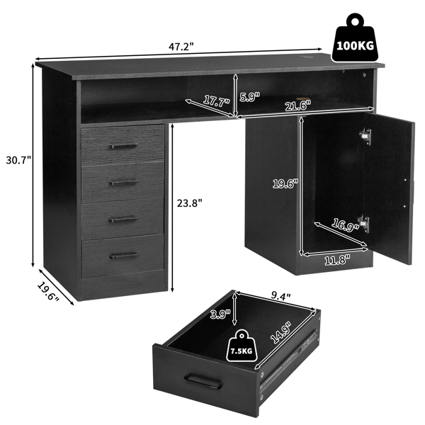  黑色木纹 刨花板贴三胺 120*50*78cm 一门四抽加隔层 电脑桌 N001-4