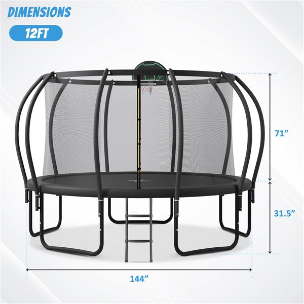 12 英尺儿童蹦床，配有升级版 ArcPole 和复合 TopLoop 安全围栏，外加篮球板和 10 个地桩，户外休闲游戏平衡体能训练蹦床-12