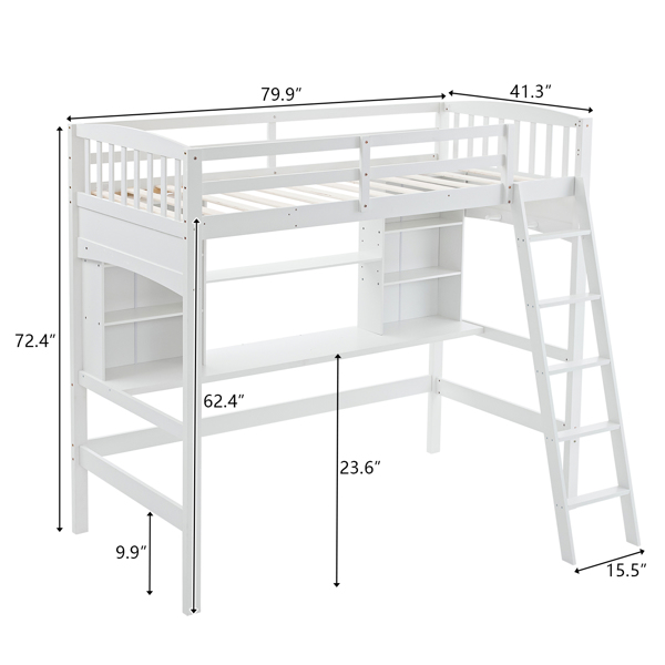 高架床 带层架 带书桌 斜梯 白色 twin 木床  松木 刨花板 N101-19