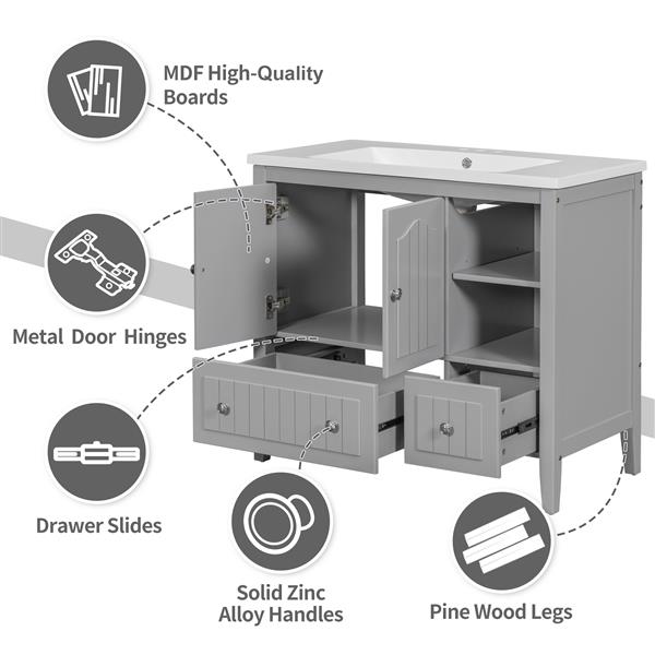 [视频] 36 英寸浴室盥洗台，带陶瓷盆，浴室储物柜，带两个门和抽屉，实心框架，金属把手，灰色-6