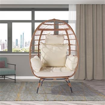 柳条蛋椅，超大室内室外躺椅，适用于露台、后院、客厅，配有 5 个靠垫，钢架，- 米色