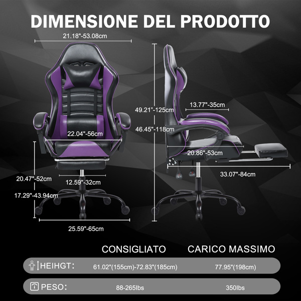 带脚踏的电脑游戏椅，符合人体工学的成人游戏电脑椅，PU 皮革办公椅，可调节桌椅，带轮子，360° 旋转大高个游戏椅，紫色-4