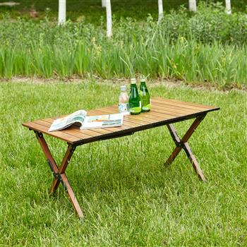 1 件式折叠户外桌，轻质铝制卷起式矩形桌，适用于室内、户外露营、野餐、海滩、后院、烧烤、派对、露台，棕色