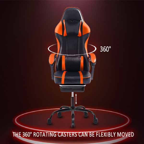 成人电子游戏椅，带脚凳的PU皮革游戏椅，360°旋转可调节腰枕游戏椅，适合重型人群的舒适电脑椅，橙色-12