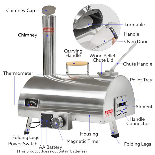 户外披萨烤箱 12 英寸自动旋转披萨烤箱 便携式不锈钢燃木披萨烤箱 披萨制作机 内置温度计 披萨切刀 便携包-3