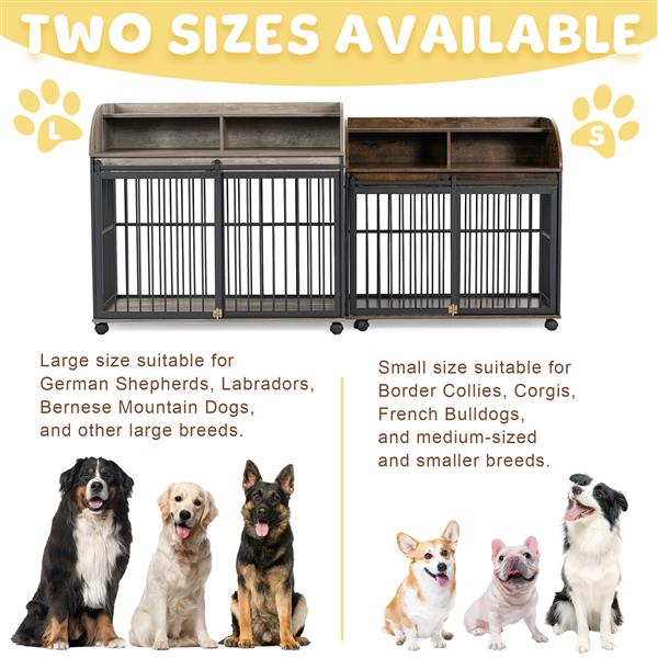 38'' Heavy Duty Dog Cage Furniture for Medium Dogs with Lockable Wheels, Wooden Dog Crate, Kennel, Side Table Cage with Double Storage, Brown - 33