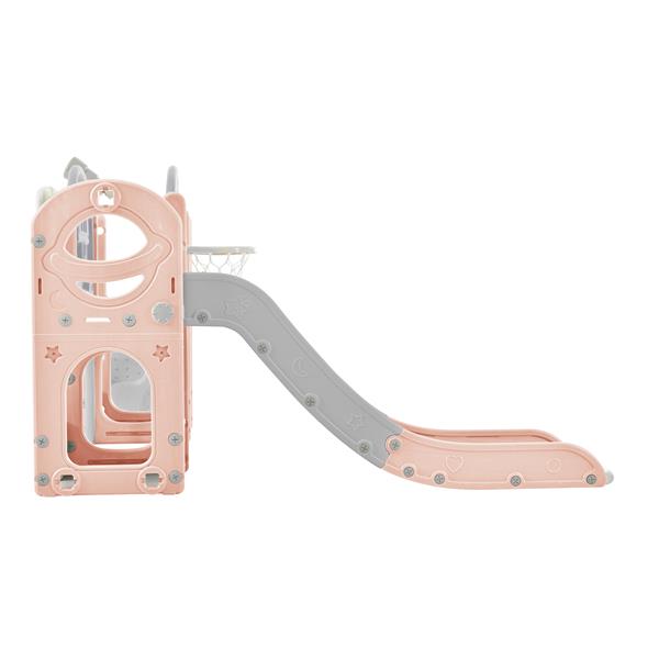 儿童滑梯玩具组合结构 9 合 1，独立式宇宙飞船套装，配有滑梯、拱形隧道、套圈游戏、绘画白板和篮球架，适合幼儿、儿童攀爬游乐场-9