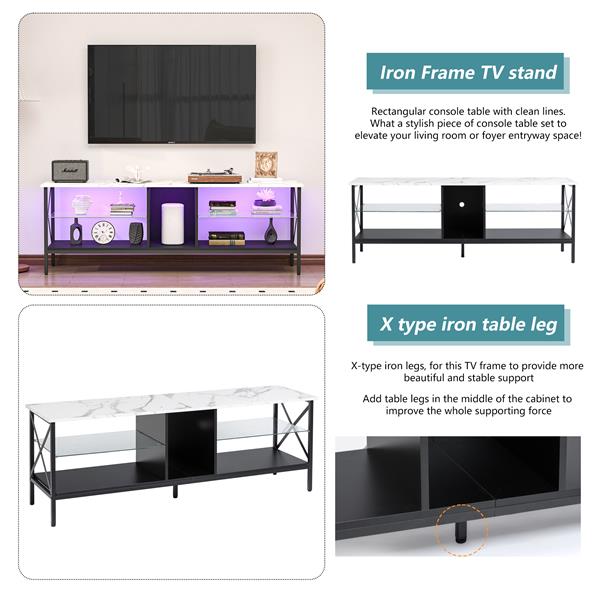 TV stand,Iron TV cabinet,entertainment center, TV set, media console, with LED lights, remote control,toughened glass stand,can be placed in the living room, bedroom, color:white with marble texture-4
