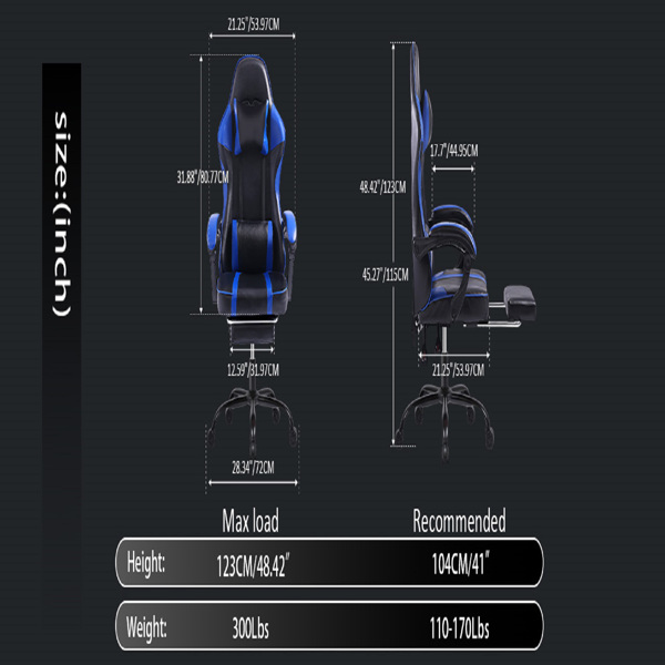 成人电子游戏椅，带脚凳的PU皮革游戏椅，360°旋转可调节腰枕游戏椅，适合重型人群的舒适电脑椅，蓝色-17