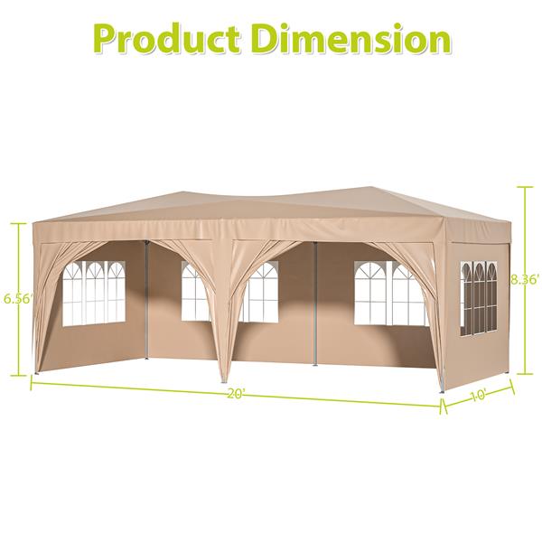 10'x20'弹出式遮阳篷户外便携式派对折叠帐篷，带 6 个可拆卸侧壁 + 手提袋 + 6 个配重袋 米色-1