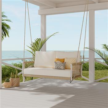 一体式编织绳户外秋千沙发带软垫可容纳 2 人，适用于露台、庭院和阳台（米色）