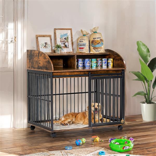 38'' Heavy Duty Dog Cage Furniture for Medium Dogs with Lockable Wheels, Wooden Dog Crate, Kennel, Side Table Cage with Double Storage, Brown - 25