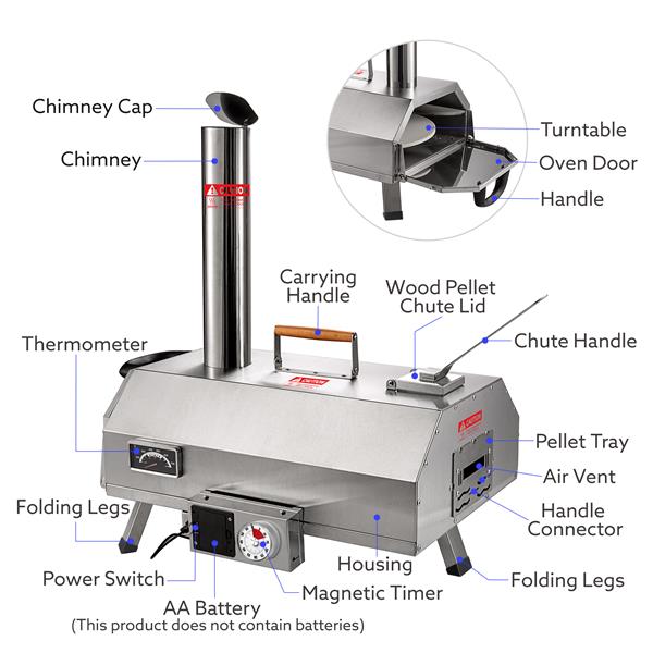 不锈钢披萨烤箱户外 12 英寸自动旋转披萨烤箱，便携式燃木披萨烤箱披萨制作机，带计时器、内置温度计、披萨切刀和手提袋-3