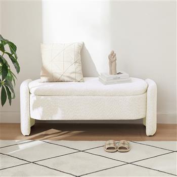 椭圆形储物长凳 3D 羊毛绒面料长凳，带大储物空间，适用于客厅、入口和卧室，乳白色