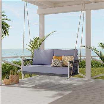一体式编织绳户外秋千沙发带软垫可容纳 2 人，适用于露台、庭院和阳台（浅灰色）