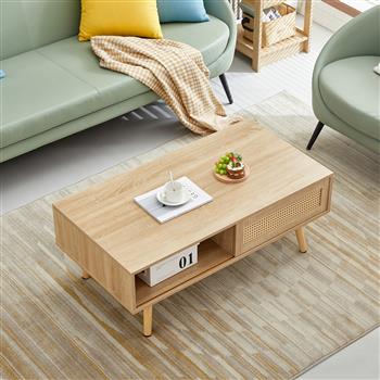 41.34 英寸藤制咖啡桌，滑动门用于存储，实木腿，现代客厅桌子，自然