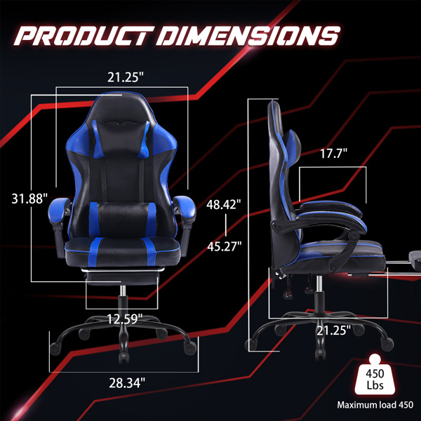 成人电子游戏椅，带脚凳的PU皮革游戏椅，360°旋转可调节腰枕游戏椅，适合重型人群的舒适电脑椅，蓝色-6