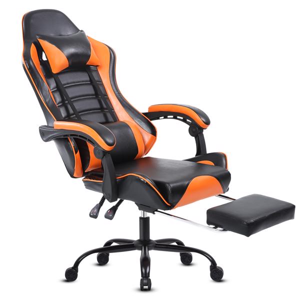 带脚踏的电脑游戏椅，符合人体工学的成人游戏电脑椅，PU 皮革办公椅，可调节桌椅，带轮子，360° 旋转大高个游戏椅，橙色-2