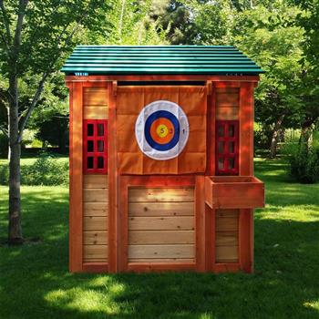 环保户外木制 4 合 1 游戏屋，适用于儿童花园游戏屋，每个表面都有不同的游戏，实木，61.4 英寸长 x 45.98 英寸宽 x 64.17 英寸高
