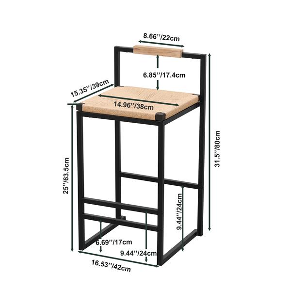 带靠背纸绳编织吧台凳 2 件套 适用于厨房、家居 柜台高度餐椅（带靠背纸绳）-6