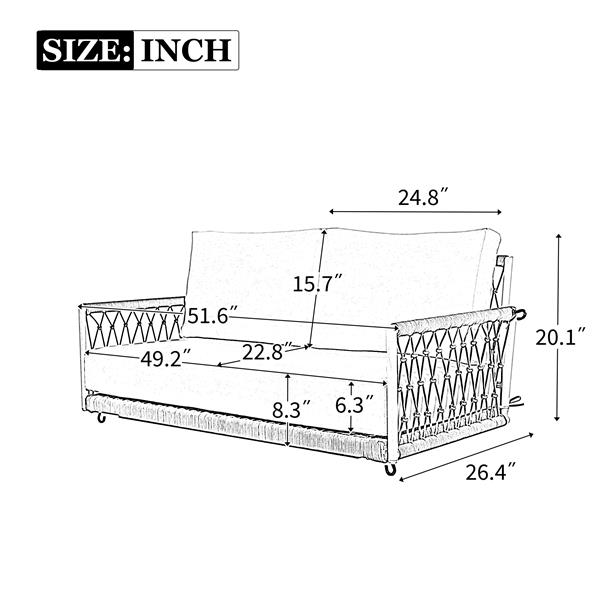 一体式编织绳户外秋千沙发带软垫可容纳 2 人，适用于露台、庭院和阳台（浅灰色）-4