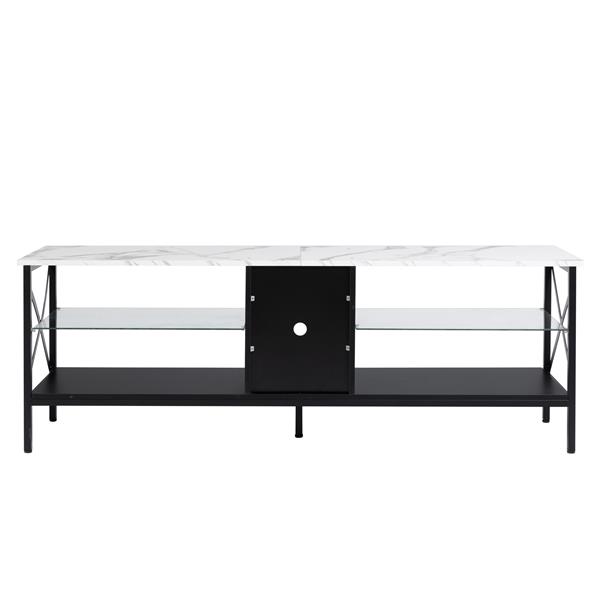 TV stand,Iron TV cabinet,entertainment center, TV set, media console, with LED lights, remote control,toughened glass stand,can be placed in the living room, bedroom, color:white with marble texture-9