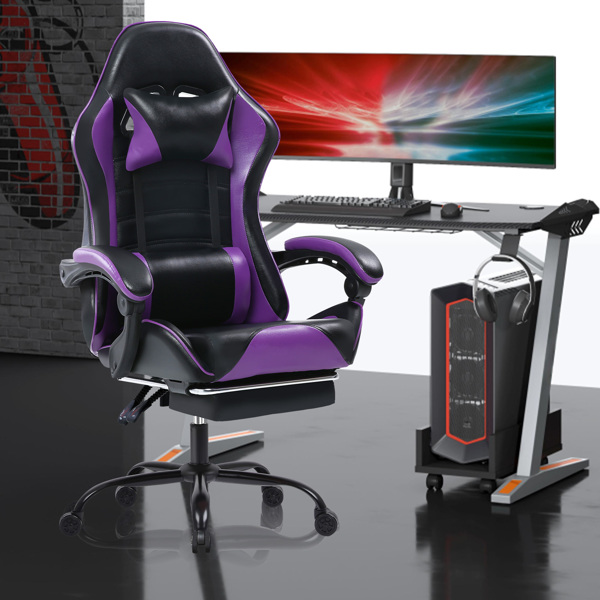 带脚踏的电脑游戏椅，符合人体工学的成人游戏电脑椅，PU 皮革办公椅，可调节桌椅，带轮子，360° 旋转大高个游戏椅，紫色-8