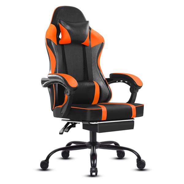 成人电子游戏椅，带脚凳的PU皮革游戏椅，360°旋转可调节腰枕游戏椅，适合重型人群的舒适电脑椅，橙色-1