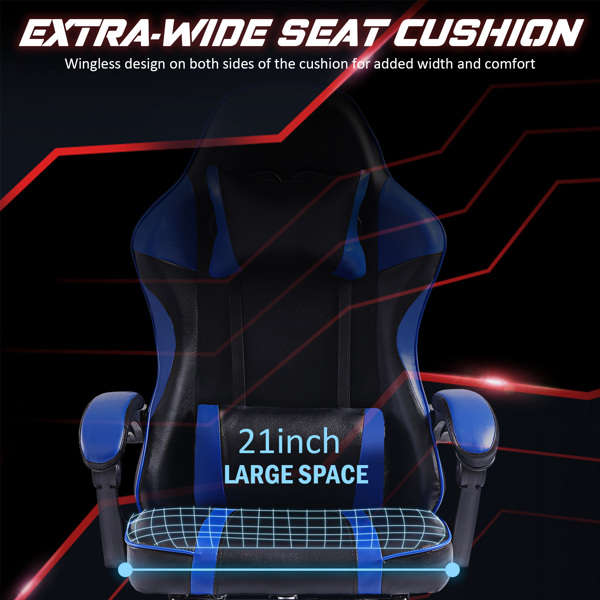 成人电子游戏椅，带脚凳的PU皮革游戏椅，360°旋转可调节腰枕游戏椅，适合重型人群的舒适电脑椅，蓝色-7