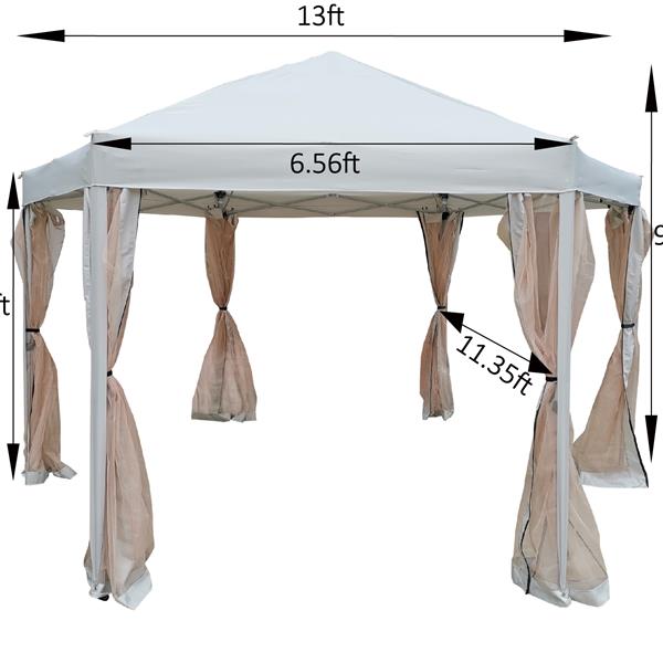 13 英尺宽 x 13 英尺深 x 9.2 英尺弹出式凉亭帐篷户外天篷六角形天篷凉亭和藤架 6 面适用于露台花园后院遮阳棚烧烤花园活动带坚固钢架储物袋-6