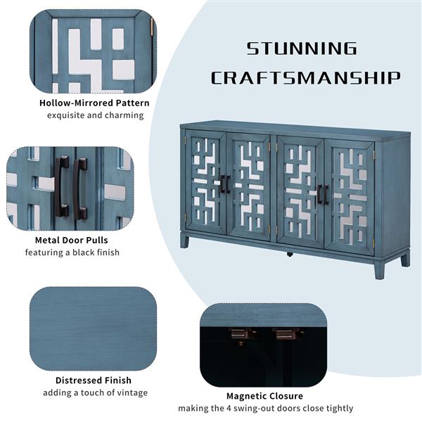 复古 4 门镜面自助餐边柜带金属拉手适用于餐厅、客厅和走廊（海军蓝）-5