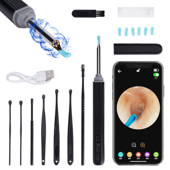 RALYUNI 可视挖耳勺-内含8件耳垢清除工具-带灯的耳垢清除套件-适用于 iOS 和 Android 的耳朵清洁器 黑色（周末不发货）