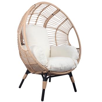 Patio PE 柳条蛋椅 2 号型号，带天然色藤条米色靠垫和边桌