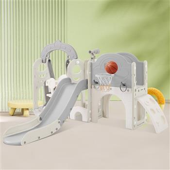 幼儿滑梯和秋千套装 7 合 1，儿童游乐场攀爬滑梯玩具套装带篮球架独立组合，适合婴儿室内和室外
